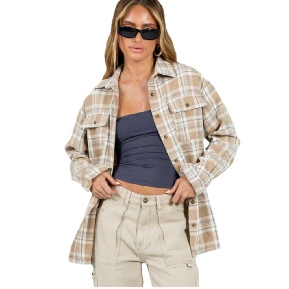 PRINCESS POLLY Mila Plaid Oversized Flannel Button-up Shirt Shacket Size 0 - Picture 1 of 8